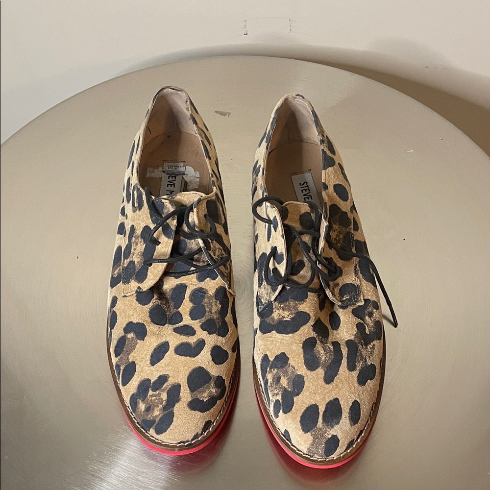 Steve Madden Leopard-Print Lace-Up Oxfords with Black Spots and Red Sole
